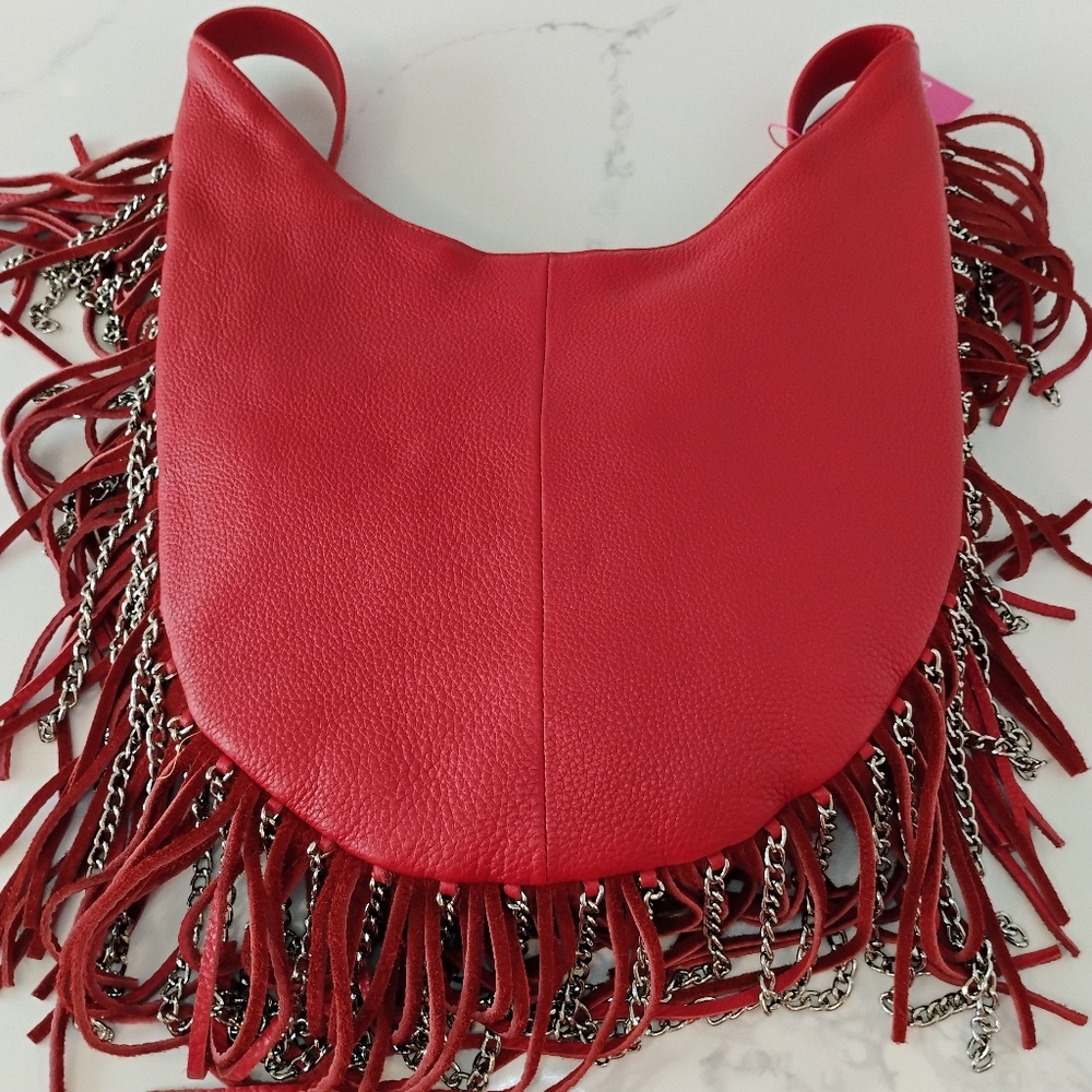 NWT Sassy Jones Leather Bag - Red Dina Pebbled Leather Fringe Crossbody Hobo - Picture 5 of 13